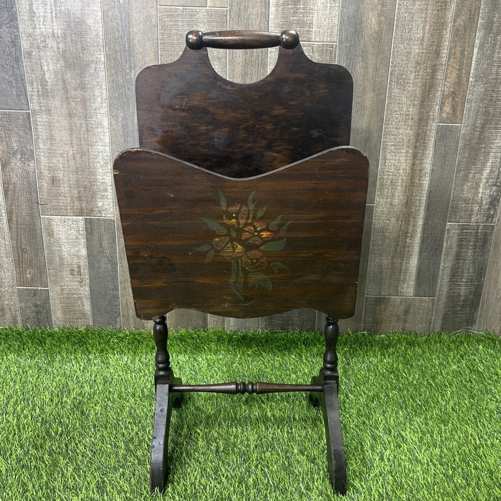 1930s Art Deco Dark Wood Magazine Rack Stand Floral Motif Vintage